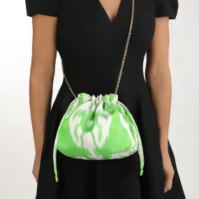 Biarritz Silk Ikat Crossbody Party Purse- Lime Green, White