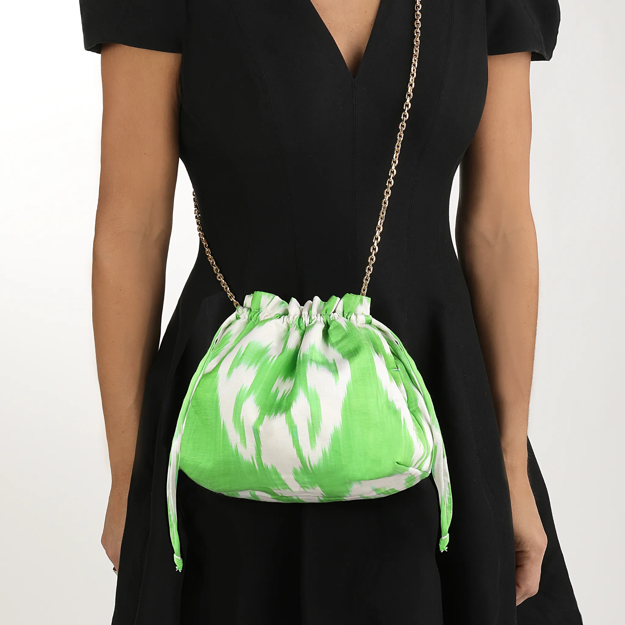 Biarritz Silk Ikat Crossbody Party Purse- Lime Green, White