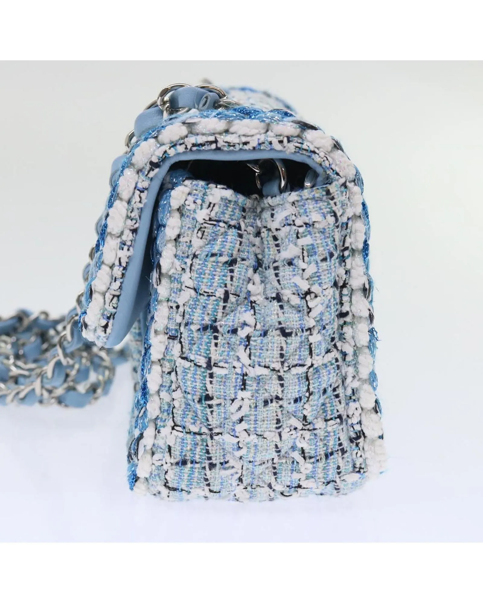 Blue Tweed Shoulder Bag with Chain Strap
