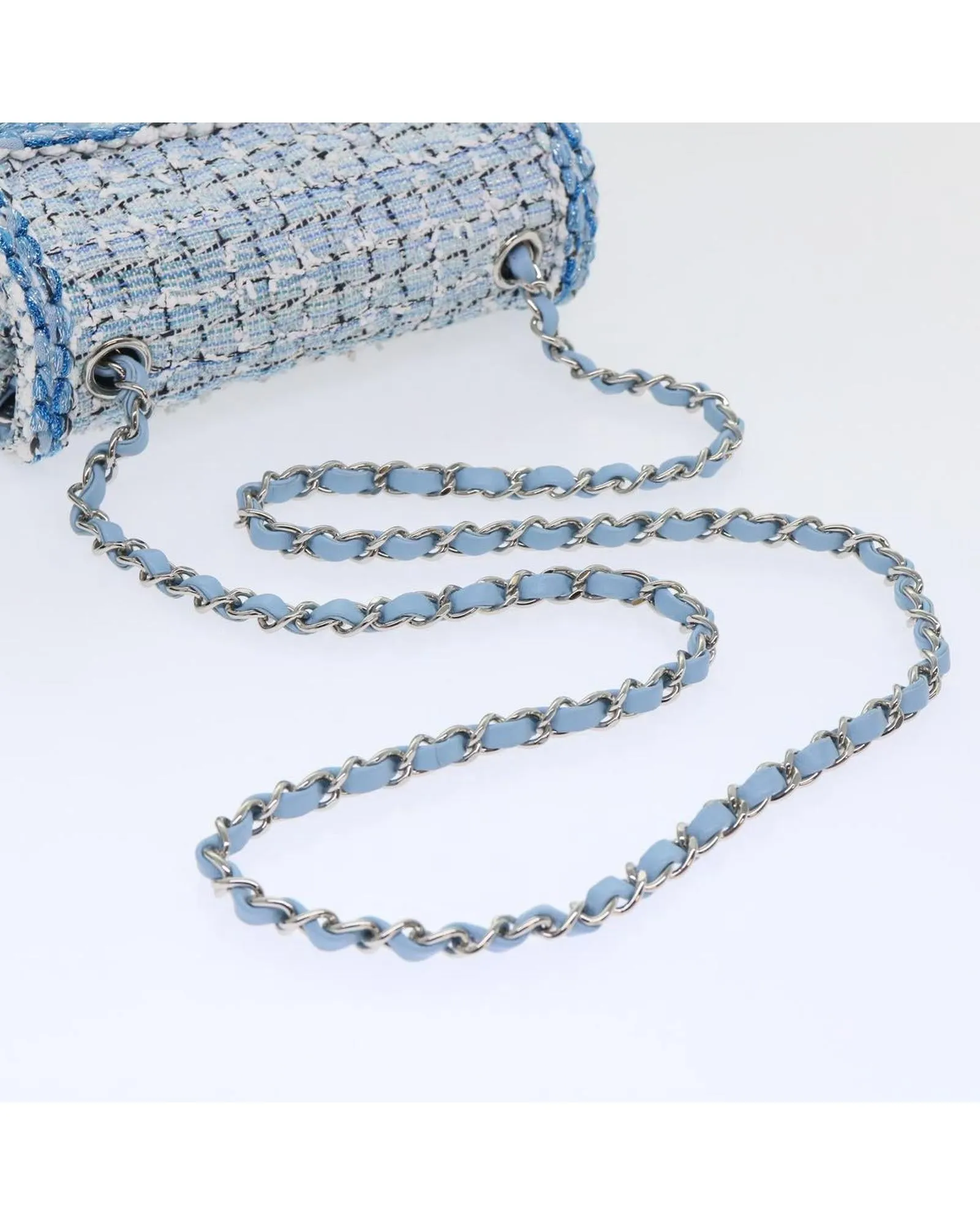 Blue Tweed Shoulder Bag with Chain Strap