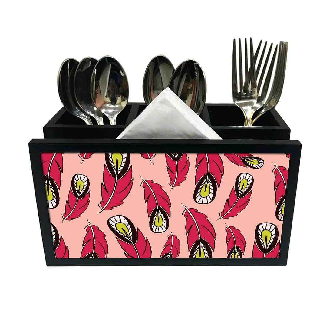 Cutlery Tissue Holder Napkin Stand -  Red Feathers