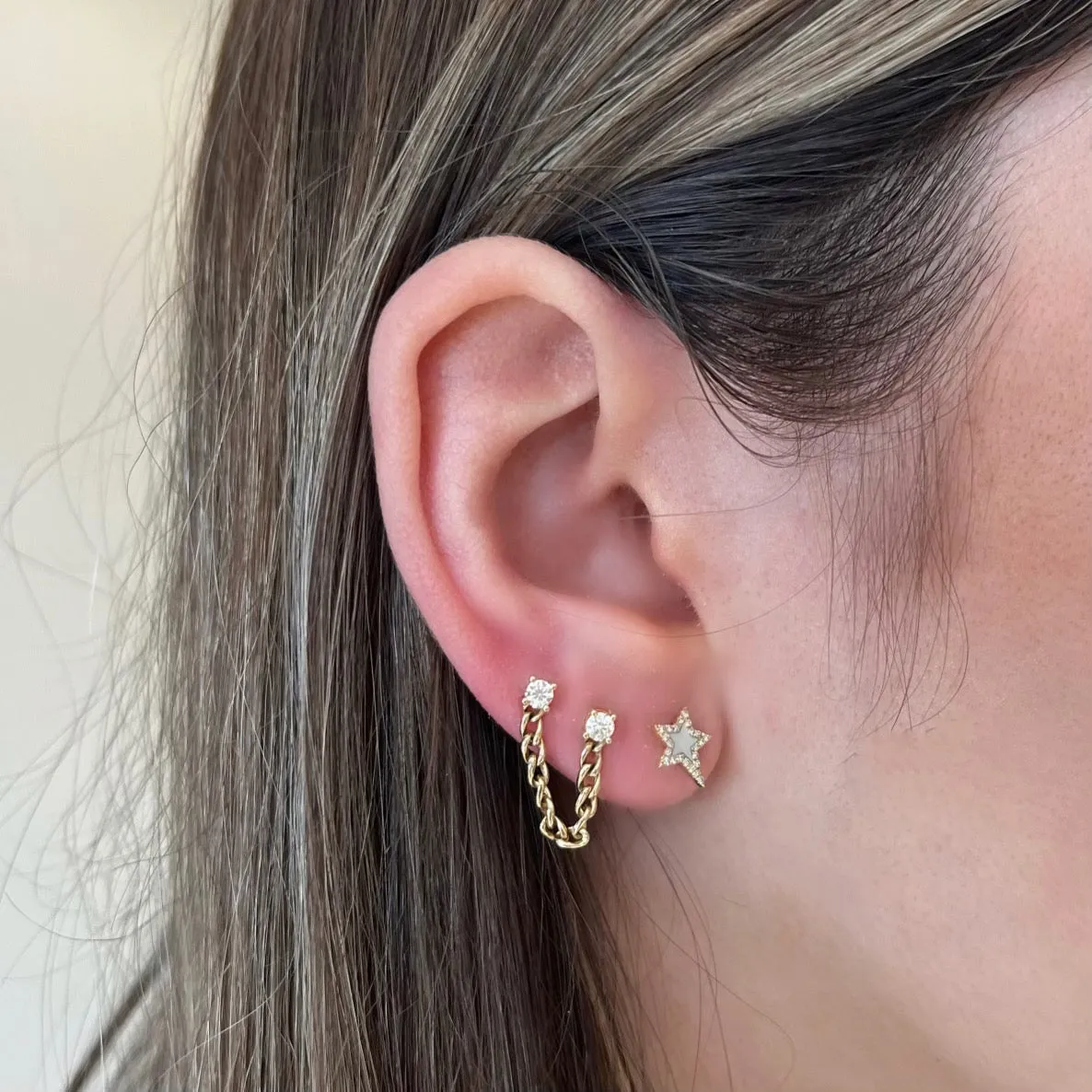 Diamond & Gold Curb Chain Double Stud Earring