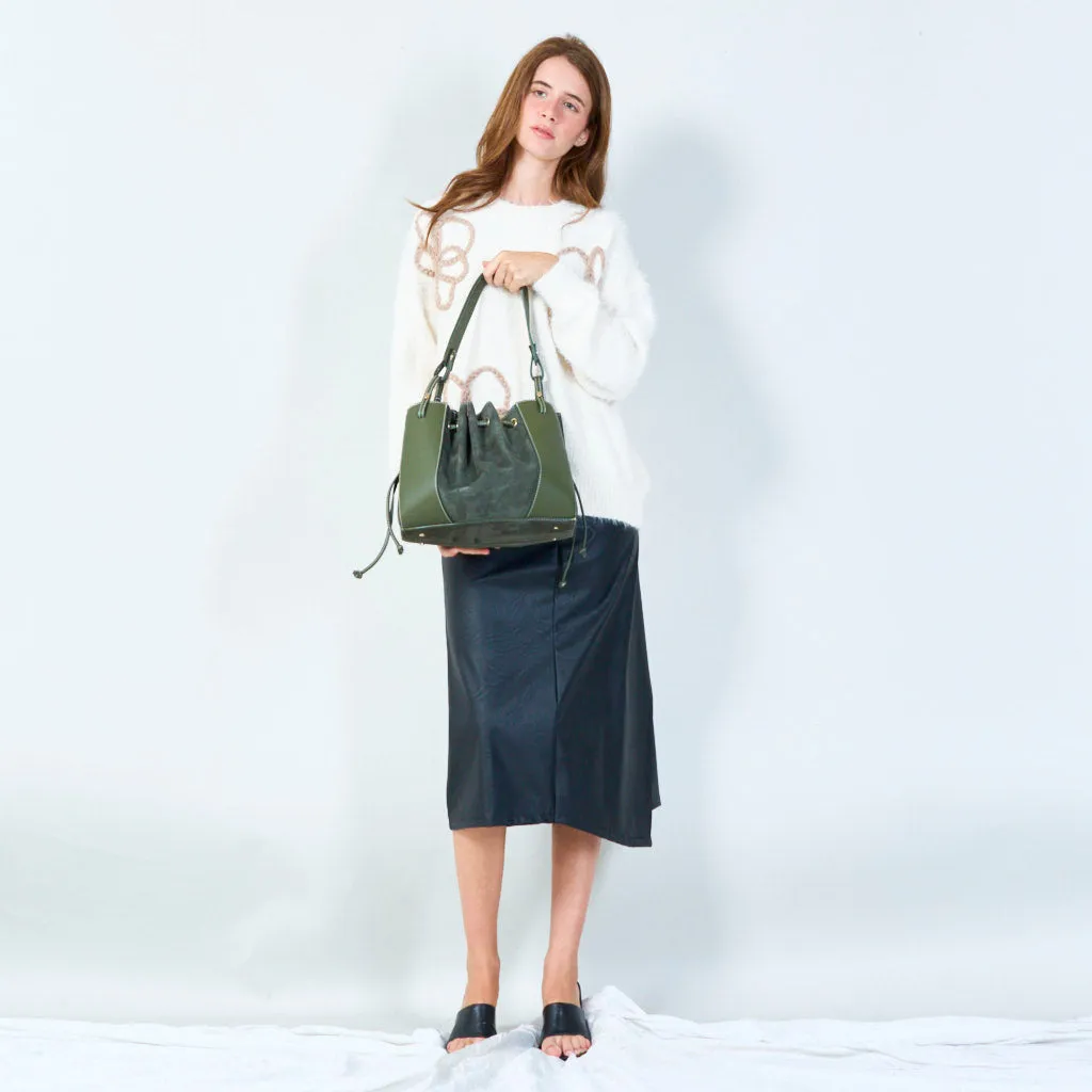 Drawstring bucket bag with structured base wholesale