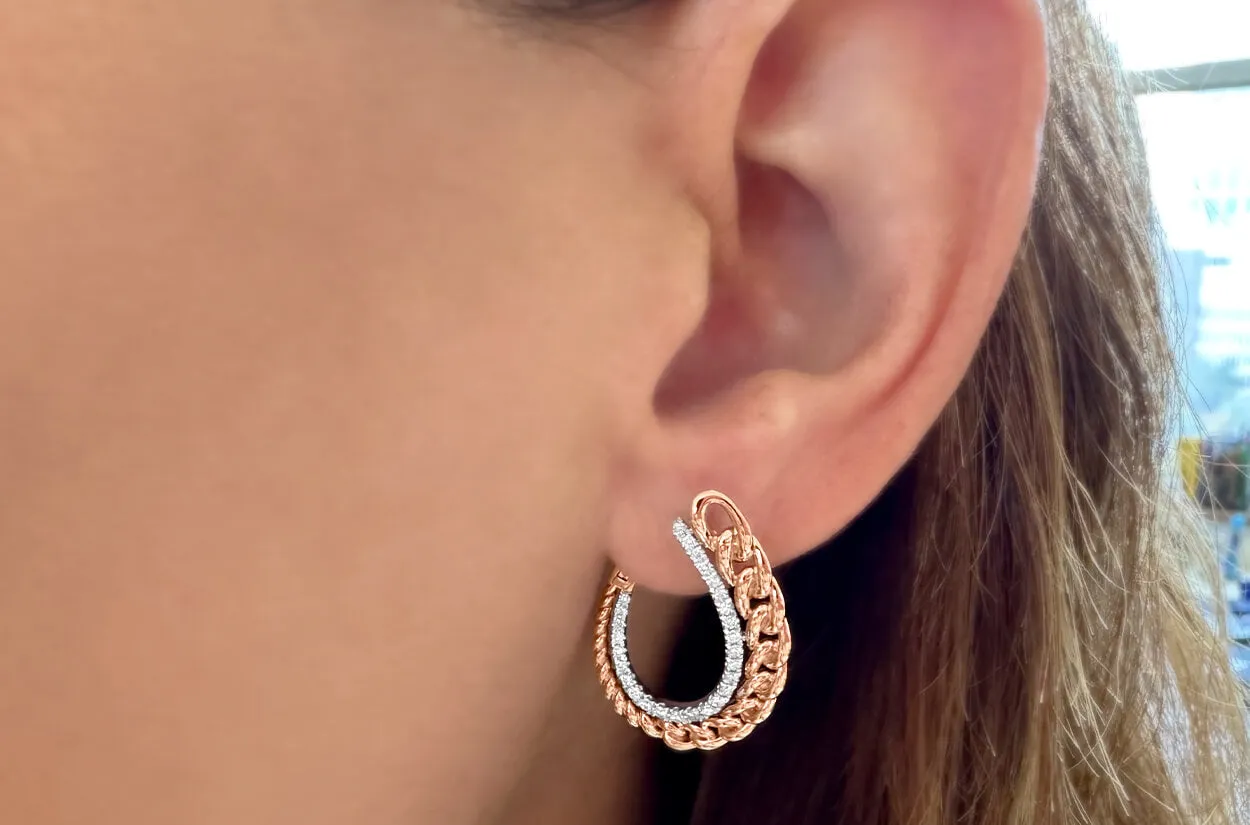 Earrings 18kt Front-Facing Chain & Diamonds Hoops