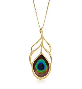 Gold Plated 925 Sterling Silver Peacock Feather Necklace Handcrafted Pendant