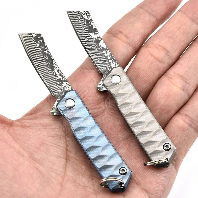 High Class Material Foldable Outdoor Camping Pocket Folding Mini Damascus Knives With Long Chain