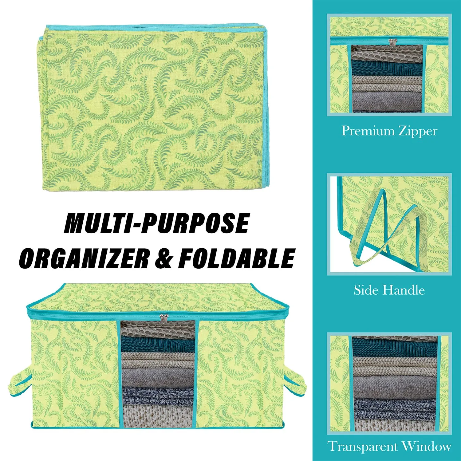 Kuber Industries Saree Cover & Underbed Stoarge Bag Set | 2 Pieces Saree & 2 Pieces Underbed Storage Bag Combo Set | Zipper Closure & Handle | Leaf-Design | Set of 4 | Green