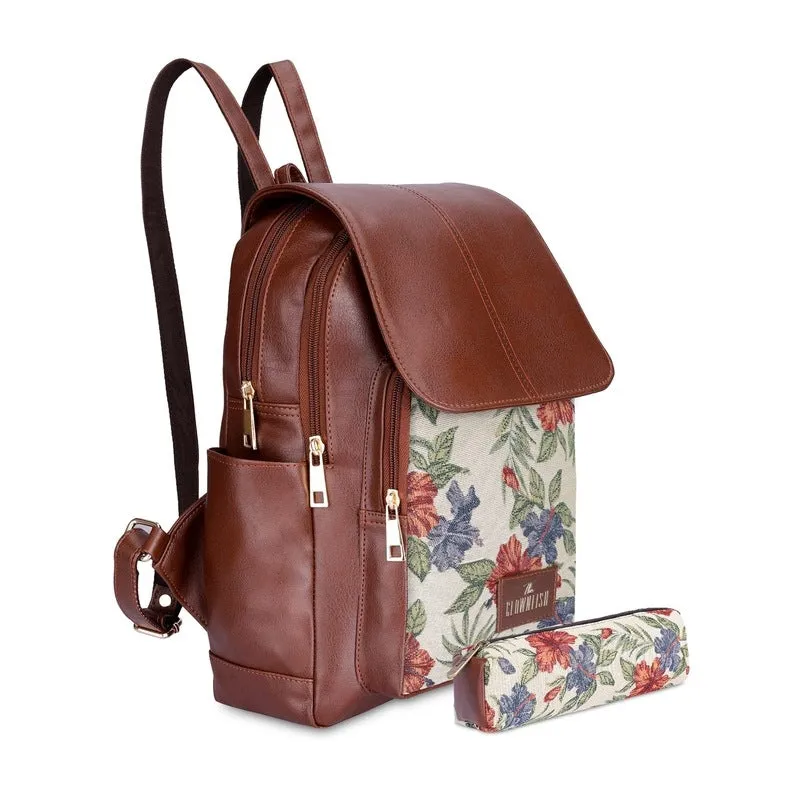 THE CLOWNFISH 10 Liters Combo Of Minerva Faux Leather & Tapestry Womens Backpack College School Girls Bag Casual Travel Backpack For Ladies & Expert Series Pencil Pouch Pen Case (Maroon-Floral)