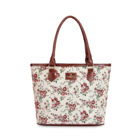 THE CLOWNFISH Justina Tapestry Fabric & Faux Leather Handbag for Women Office Bag Ladies Shoulder Bag Tote For Women College Girls (White-Floral)