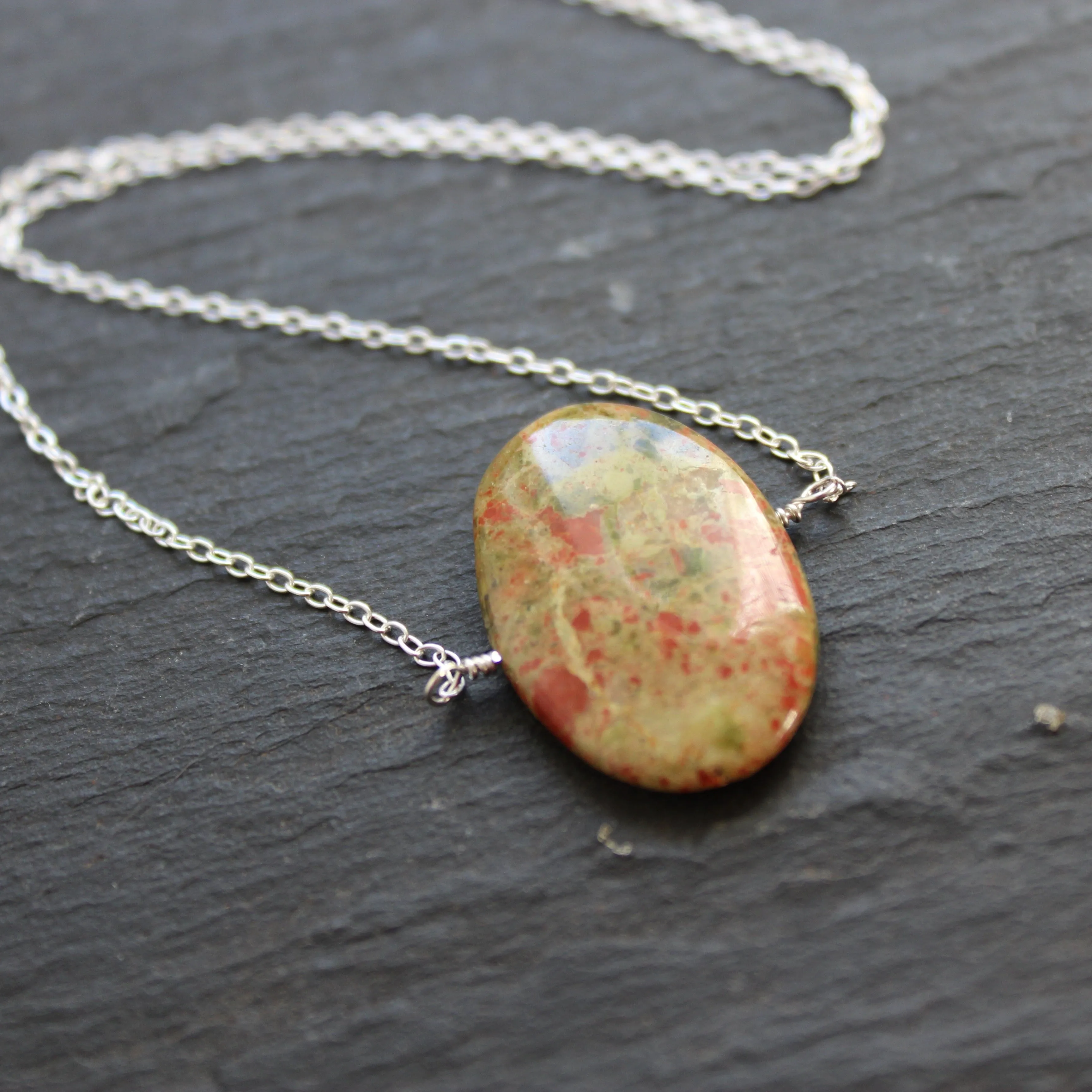 Unakite Fairy Map Necklace in Sterling Silver