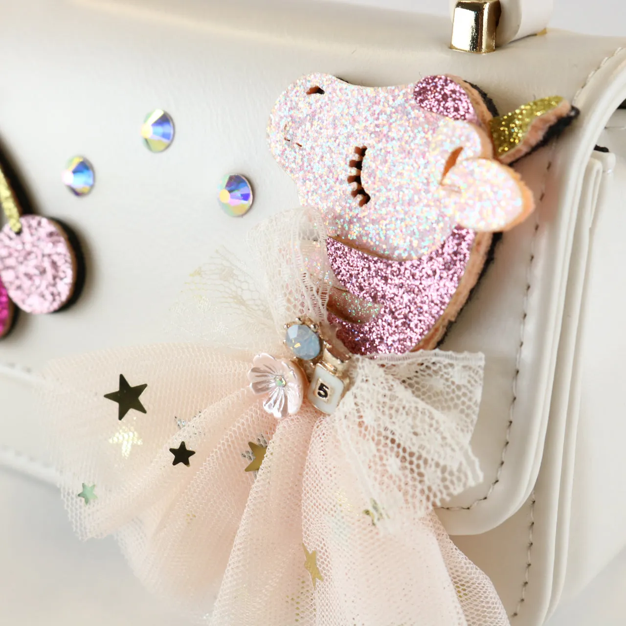 Unicorn & Cherry Applique Purse - Cream